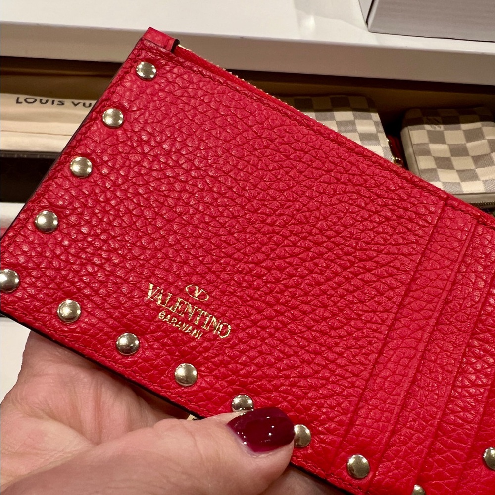 NWOT - Valentino Red Card Holder with Gold Studs and Dust bag
